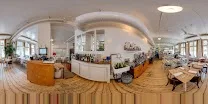 Modern industrial canteen with classic and '60s design elements