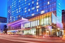 Contemporary glass high-rise with art gallery