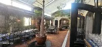 Courtyard with Outdoor Seating and Ambient Lighting