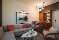 Eclectic, artsy modern decor in guest rooms