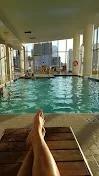 Rooftop pool with city skyline views